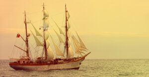 A three-masted sailing ship